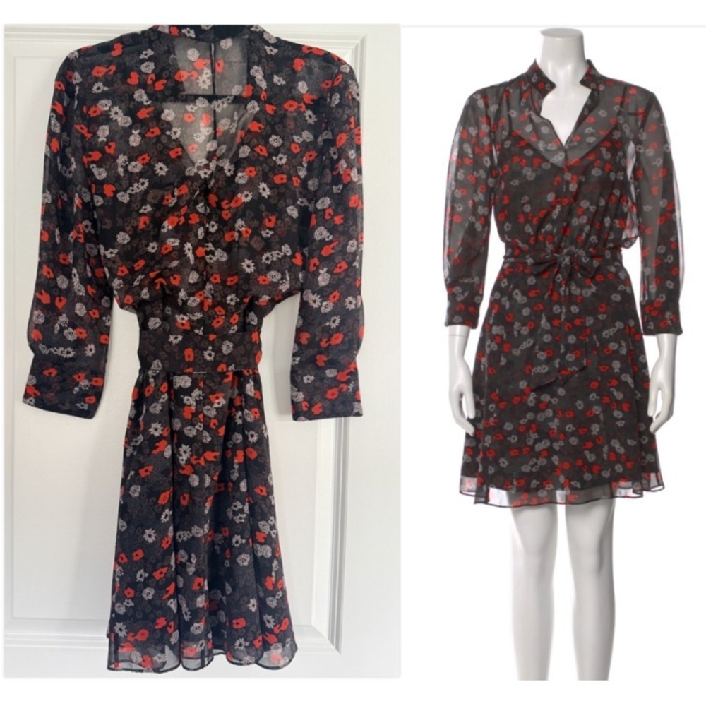 Reiss Black Sheer Mini Dress with Red and White Floral Print